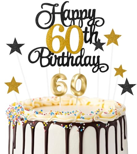 Ainiv Happy 60th Birthday Cake Toppers, Number 60 Candle for Cakes | Black Gold Decorations for Women Men 60th Birthday Party, Black Gold Star Cake Topper for Cupcake Desserts Pastries
