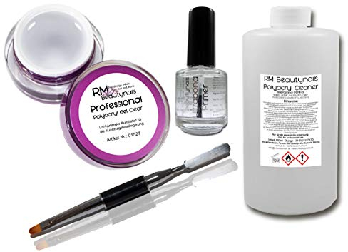 Polyacryl Led UV Gel Nagel Starter Set 5ml Poly Acrylgel Klar - 12ml Primer - 100ml Poly Acryl Spezial Cleaner - Pinsel mit Spatel Nagelset
