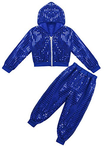 inlzdz Kinder Pailletten Tanzkleidung Set Mädchen Jungen Langarm Glitzer Jacke mit Tanz Hose Glänzend Jazz Hip Hop Dancewear Performance Tanzkostüm Blau 122-128