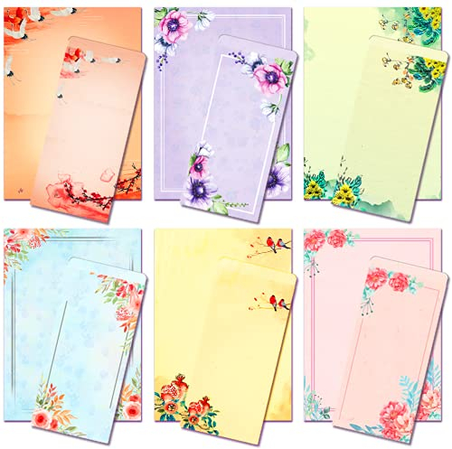 ANZON MORIES A4 Japanese Stationery Paper and Envelopes Set, 48 Letter Writing Paper with 24 Self-Sealing Envelopes, Printer Friendly, Color Both Sides, Ink Painting Classic Vintage Floral Design