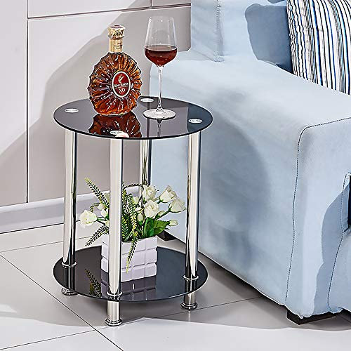 BonChoice 2-Tier Round End Table Black Glass Side Coffee Tables with Stainless Steel Legs, Storage Shelf for Living Room, Display Table for Small Space, 40×40×50cm (Black)
