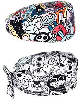 WEARK Packung (2 Stück) Chirurgen-Mützen für Damen, Herren, Krankenschwester, Zahnärzte, langes Haar - (Mini-Monster)