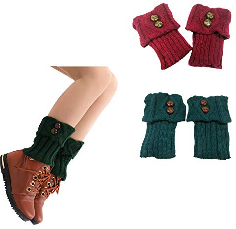 CHENGZI 2 Paar kurze Damen-Beinstulpen, gehäkelt, für den Winter, mit Zopfmuster, Weinrot + Grün-B, One size