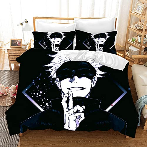 PTNQAZ Anime Jujutsu Kaisen Bettwäsche-Set für Jungen, 3D-Druck, Bettbezüge mit Kissenbezügen, Kinder-Bettwäsche, Einzelbett