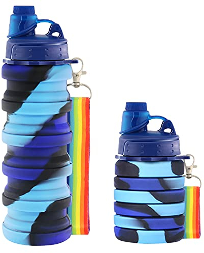 Newthinking Silicone Water Bottle for Kids, 500 ml Portable Collapsible Water Bottles, Leak Proof Silicone Drink Bottles with Lanyard Straps for Girls and Boys (Blue)