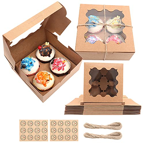 MAMUNU 12PCS 4 Cavity Cupcake Boxes with Clear Windows and Inserts, Brown Kraft Bakery Cookie Carrier Boxes Containers Holders - Stickers and Twine String Included, 15.7x15.7x7.5cm