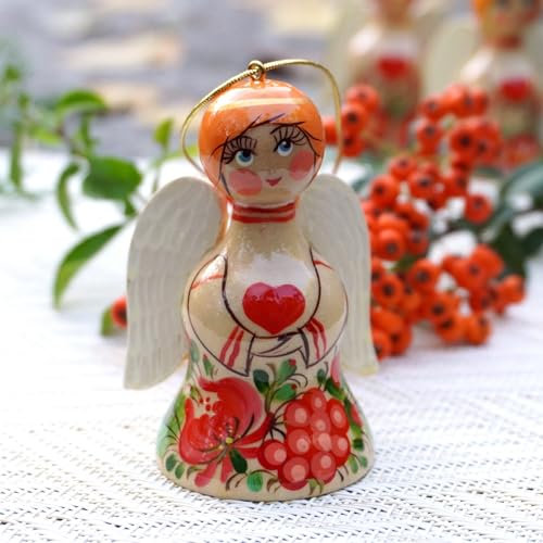 Engel Weihnachtsanhänger aus Holz 7 х 5.5 cm Kunstvoller Weihnachtsengel und Glocke Dekoration mit Ukrainischer Blumenmuster Handbemalt für Weihnachten, als Schutzengel und Sammlerstück