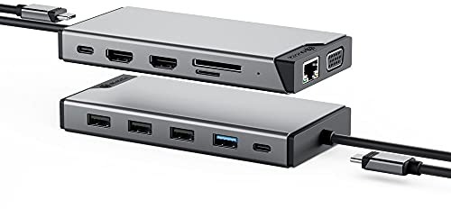 Mini Docking Station ALOGIC USB-C 12 in 1,display triplo, 2xHDMI, 1xVGA, 100W PD, 2xUSB-C, 3xUSB-A 2.0, 1xUSB-A 3.0, 1x porta SD/TF, RJ45, MacBook/Surface e altri compatibili con Dispositivi USB-C
