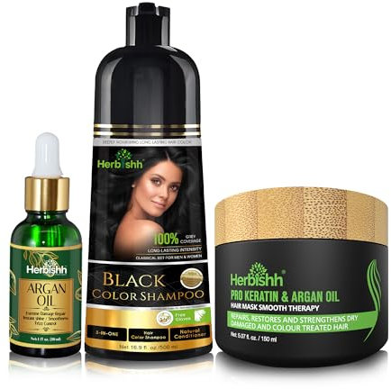 Herbishh After Color Shampoo Combo enthält Haarfarbe Shampoo Haarfarbe 500 ml Arganöl 30 ml Pro Keratin und Argan Haarmaske 100 g für Haarglättung, Glanz und Schutz (Black)
