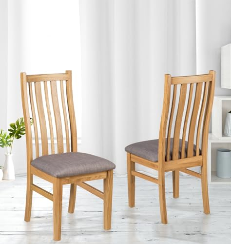 1 Paar Esszimmerstühle aus massiver Eiche in hellem Eichen-Finish mit Stahlgrauem Stoff-Sitzpolster | Sitzfläche aus Leinen aus Holz