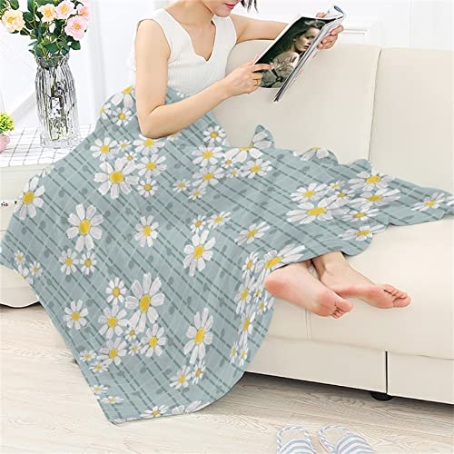 Kuiaobaty Dicke Fleecedecke mit Gänseblümchen-Blumenmuster, gemütlich, warm, gepunktet, Überwurfdecke für Bett, Sofa, Couch, Tagesdecke, Abdeckung, pflegeleicht, Streifen Hellgrau