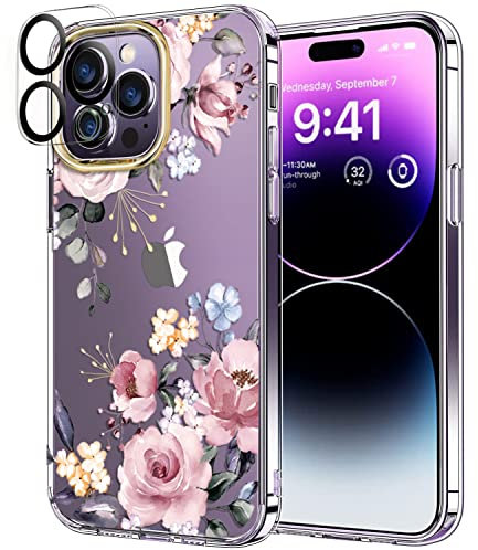 luolnh Compatible with iPhone 14 Pro Case with Flowers,for Girly Women,Shockproof Clear Floral Pattern Hard Back Cover for iPhone 14 Pro 6.1 inch 2022 -Diagonal Pink Bloom