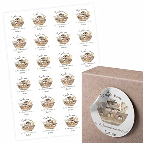 FOTOFOL 24 Stück Aufkleber zur Taufe - Personalisierte Aufkleber mit Namen und Datum für die Geschenke Ihrer Gäste - 4,5 cm Runde Papieraufkleber Etiketten (Arche)