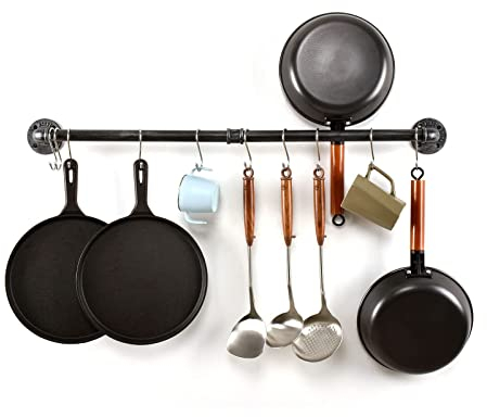 LINKPIPES Pipe Pot Pan Rack Wall Mounted Industrial Utensil Lid Holder Cookware Hanger Kitchen Organizer Hanging Bar Rail with S Hooks(36 inch,Black Gray)