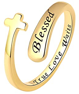 Gilieyer Christlicher Kreuzring - Offener Verstellbarer Inspirierender Ring, Bibel-Schmuck für Damen und Herren (Blessed Gold)