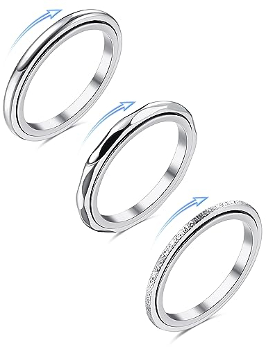 Adramata 3Pcs Anillo Antiestres Mujer de Acero Inoxidable - Anillos de Ansiedad, Banda Sencillo, Plata para Mujer Hombre, Giratorio Inquieto para Antiestrés