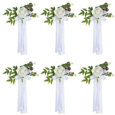 PATIKIL Wedding Aisle Decorations Pew Flowers for Wedding Ceremony Chair Set of 6 Chair Floral Decoration with Artificial Flowers Eucalyptus and Ribbons for Church Chair Party, White
