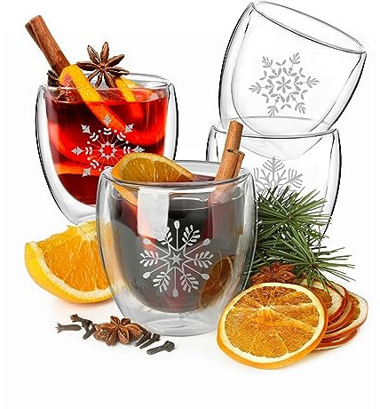 Wrenbury Mulled Wine Glasses 220ml - Set of 4 Snowflake Christmas Hot Toddy Glasses - Festive Boroscilicate Double Walled - Insulated for Hot Drinks