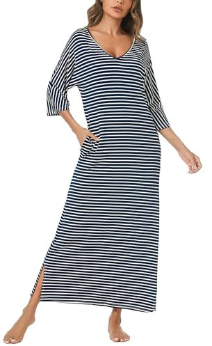 Uniexcosm Long Nightdress for Women Nightgowns 3/4 Sleeve Cotton Nighties Baggy Ladies Nightshirts with Pockets Plus Size Sleep Dress Nightwear Loungewear Sleepwear S-XXL Navy Blue