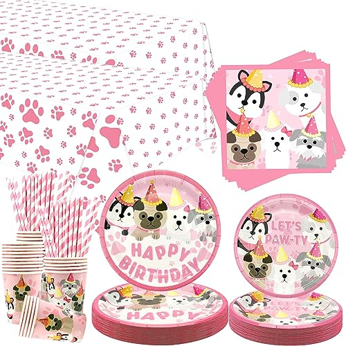Obussgar Dog Party Decorations, Pink Puppy Paw Birthday Party Tableware Supplies including 9 Dinner Plates, 7 Dessert Plates, Napkins, Cups, Straw,Tablecloth for Puppy Party Decorations -Serves 40
