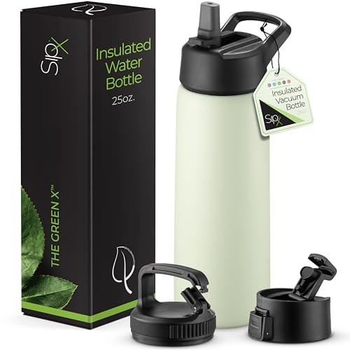 SipX™ Triple-Insulated Stainless Steel Water Bottle 25oz. With 3 Lids, BPA-Free Reusable Insulated Water Bottle Keeps Cold 24 Hours, Metal Water Bottle Made Of Sustainable Material For Hiking & Biking