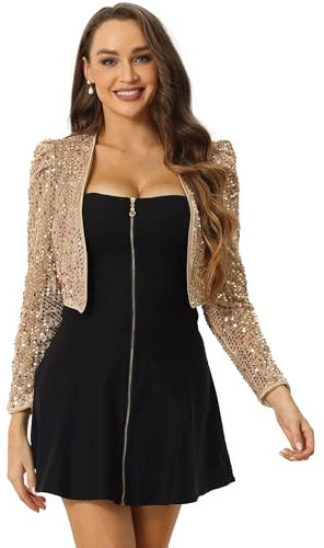 Allegra K Damen Pailletten Jacke Langarm Party Club Offen Glitzer Cardigan Kurzjacke Glitzer Bolero