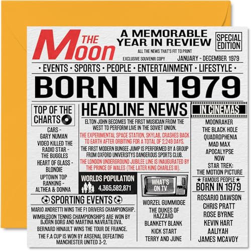 Stuff4 Geburtstagskarte zum 45. Geburtstag für Männer und Frauen – Born in 1979 Zeitung – Happy 45 Geburtstagskarte für Mama, Vater, Onkel, Tante, Vintage-Retro-Stil, 145 x 145 mm, Grußkarten zum