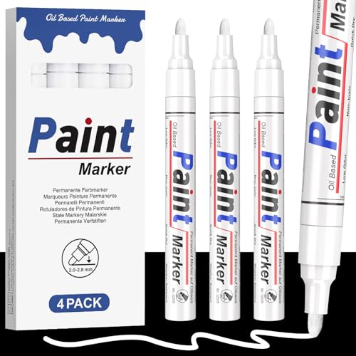ANYUKE White Paint Pens,2-3mm Waterproof White Permanent Marker Pens, 4 pcs Strong Coverage Paint Markers for Tyre, Metal, Leather, Wood, Glass, Rocks or Plastic, Oil Based Tyre Paint Pen.