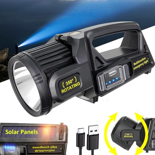 Foco recargable, 2.000.000 lúmenes, focos solares LED para exteriores, linterna de mano súper brillante de largo alcance con 9 modos, paneles solares, salida USB, USB C, IPX5 impermeable para pesca y