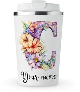 MAXIKIWI - Personalised Insulated Double Walled, Leakproof Stainless Steel Mug, Coffee or Tea Travel Tumbler with Lid, Keep Drinks Hot and Cold - Flower Alphabet Watercolor - 350ml