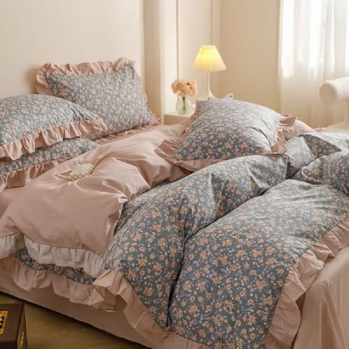 Sedefen Bettwäsche 155x220 cm mit Rüschen Rosa Grau Blumen Wendebettwäsche aus Mikrofaser,ÖkoTex Zertifiziert & für Allergiker Geeignet,1 Bettbezügen & 1 Kissenbezügen 80x80