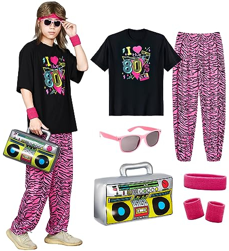 Metaparty 80er Jahre Outfit Herren Damen, Trainingsanzug 70er 80er Jacke Hose Anzug, 80er Jahre Kostüm mit Stirnband Armbänder Brille Paare, Retro Style Jogginganzug Outfit Karneval Schwarz,M