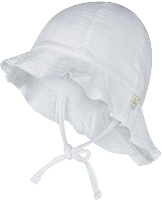 Sterntaler Sonnenhut Uni - Sommerhut aus luftigem Baumwoll Musslin - elastisches Gummiband - zum Binden - Unisex Mütze mit Nackenschutz - Baby und Kinder Kopfbedeckung - weiß,Größe 43