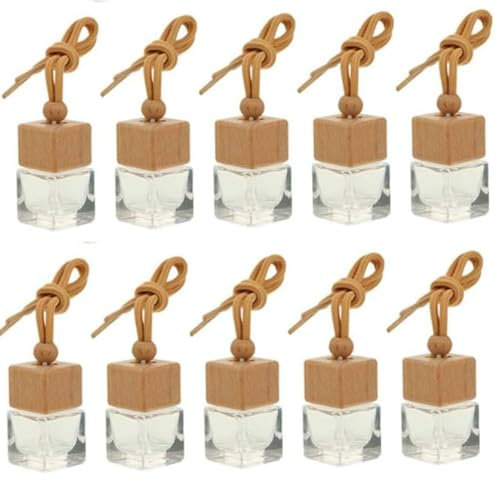 VZU 10 Pcs Hanging Car Air Freshener, Empty Clear Glass Diffuser, Refillable Perfume Essential Oil Diffuser, Empty Wooden Bottle with Square Lid Glass Perfume Bottle for Car Home Office, 6ml