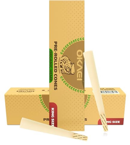 OKAEI Organic Hemp Cones – 100 vorgedrehte Joint Hülsen aus ungebleichtem Hanfpapier, vegan & chlorfrei, 109mm mit 26mm Filter & Stopfhilfe
