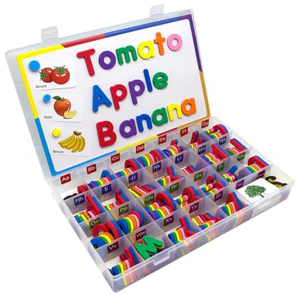 Tiardey Bunte Magnetbuchstaben mit Tafel für Kleinkinder 234 Stück Großbuchstaben und Kleinbuchstaben Schaumstoff-Alphabetbuchstaben mit Tafel und Lernkarten pädagogisches Spielzeug für Kleinkinder