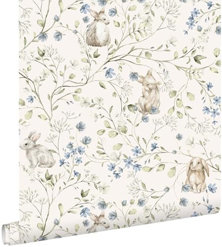 papier peint lapins beige, vert, bleu et blanc 53 cm x 10.05 m - ESTAhome