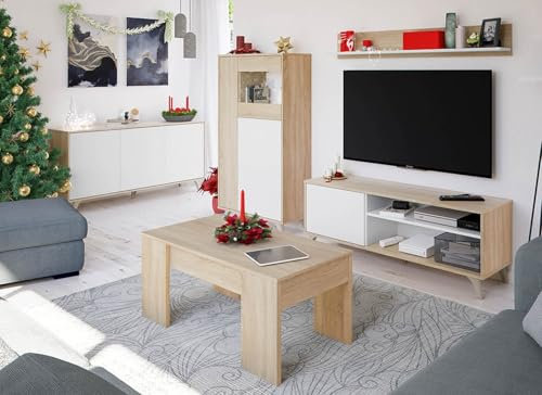 möbelando Wohnzimmer-Set >KIKUA Plus< Das Wohnzimmer-Set KIKUA Plus umfasst EIN TV-Board, Vitrinenschrank, Lowboard und Couchtisch in der eleganten Farbkombination Canadian Eiche/Artik Weiß