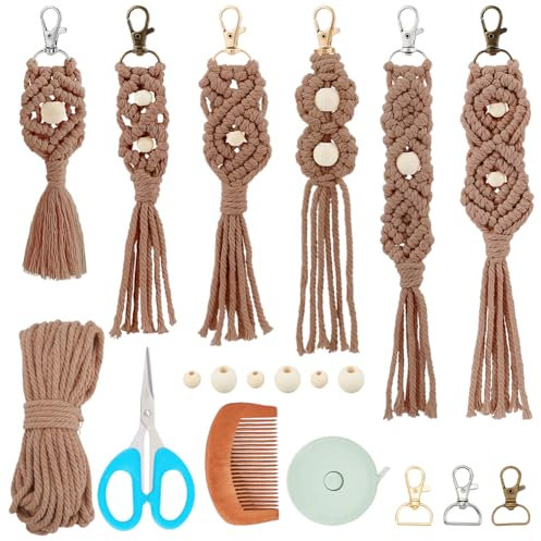 INFUNLY 6 Stück DIY Makramee Schlüsselanhänger Set Aus Holzperlen Mit Anleitung Und Videos Kaffeefarbenes Schlüsselanhänger Set Boho Schlüsselanhänger Set Aus Baumwollkordel DIY Schlüsselanhänger Set