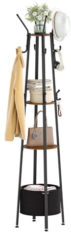 Hzuaneri Garderobenständer, Kleiderständer mit Großer Aufbewahrungskorb, Garderobe mit 3 Ablagen & 16 Haken für Schals, Taschen, Hüte, für Eingangsbereich, Wohnzimmer, Schlafzimmer, Braun und Schwarz