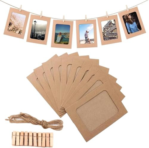 Cornice Portafoto In Carta Kraft, Portafoto Cornice In Cartone, Cornice Di Carta Per Foto DIY, 10 Pezzi Cornice Per Foto In Carta Kraft, 11,5 X 15,5cm Con Clip Di Legno E Corda (Marrone)