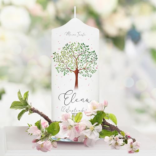Wandtattoo Loft Taufkerze Mädchen personalisierte Patenkerze, Motiv mit Lebensbaum, 18cm x 7cm, personalisierte Kerze, bedruckte Kerze zur Taufe, Stumpenkerze, individuelles Taufgeschenk
