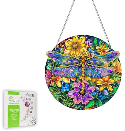 Ginfonr Diamond Painting Kits Anhänger Libelle Diamond Deko Haustür für Erwachsene, Fensterdeko Hängend Blume Diamantmalerei Sonnensegel, Doppelseitige Fensterdeko Hängend Modern (20x20 cm)