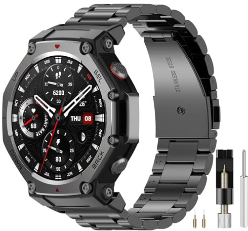 Miimall Armband Kompatibel mit 22MM Amazfit T-Rex 3 Armband Edelstahl, Einstellbare Größe Metall Ersatz Armbänder für Amazfit T-Rex 3 Band 22mm (Nicht für Anderen Modellen), Schwarz