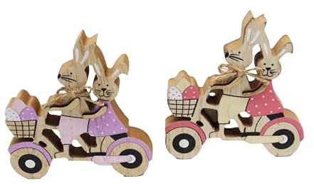 KAMACA 2er Set Hase aus Holz Osterdeko Osterfigur Frühling Frühlingsdeko Fensterbank Wohnzimmer Dekohase (2er Set Hasenpaar auf Roller)