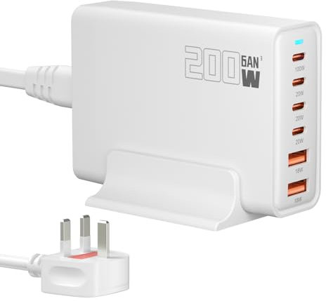200W USB C Fast Charger Plug, 6-Port GaN III Charging Station PD 100W 65W 44W 20W Laptop & Phone Charger + 18W QC, Compatible with MacBook Pro/Air,Dell XPS, iPhone 15/16/14/ Pro, iPads, Steam Deck