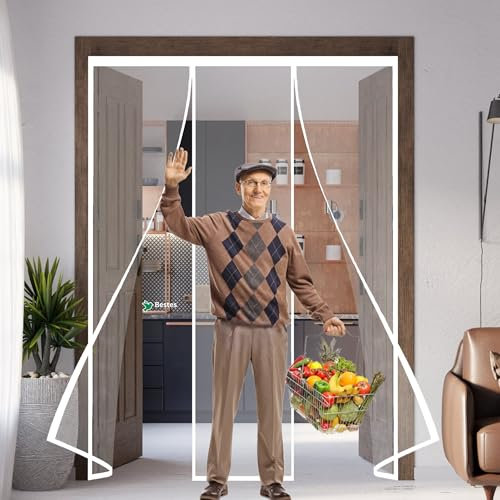 Fliegengitter Balkontür 275x215cm Magnetvorhang selbstschließend Insektenschutzvorhang mit Magneten zur einfachen Montage ohne Bohren für Schiebetür und Wohnzimmer Balkon Terrassentüren Weiß