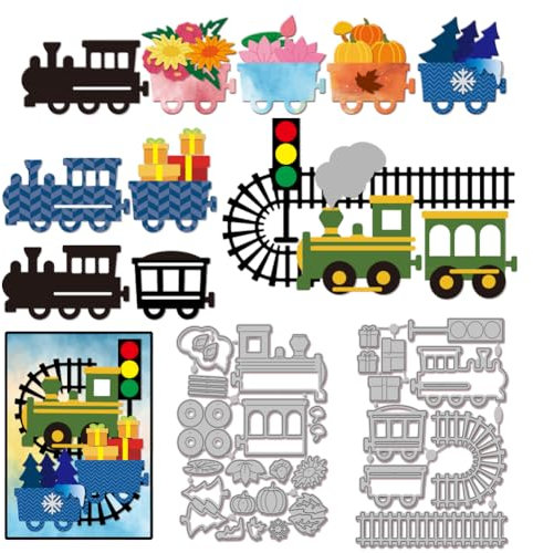 GLOBLELAND Vier Jahreszeiten Zugschienen Stanzformen Eisenbahn Lokomotive und Zug-Frachtbox Metall-Stanzformen Blumen Pflanzen Stanzschablonen für DIY Weihnachts Scrapbooking Prägung Basteldekor