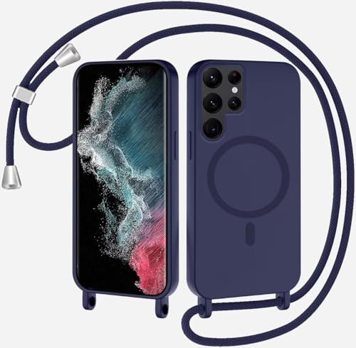 xinyunew Coque Magnétique pour Samsung Galaxy S24 Ultra avec Cordon, Compatible avec MagSafe Collier Étui Silicone Liquide avec Tour de Cou Lanière en Corde Souple TPU Antichoc Housse,Bleu