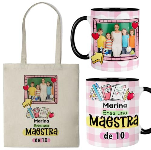 Kembilove® Regalo personalizado para profesora con foto – Taza y bolsa “Eres una maestra de 10” – Fin de curso infantil y primaria – Detalle único con nombre y foto